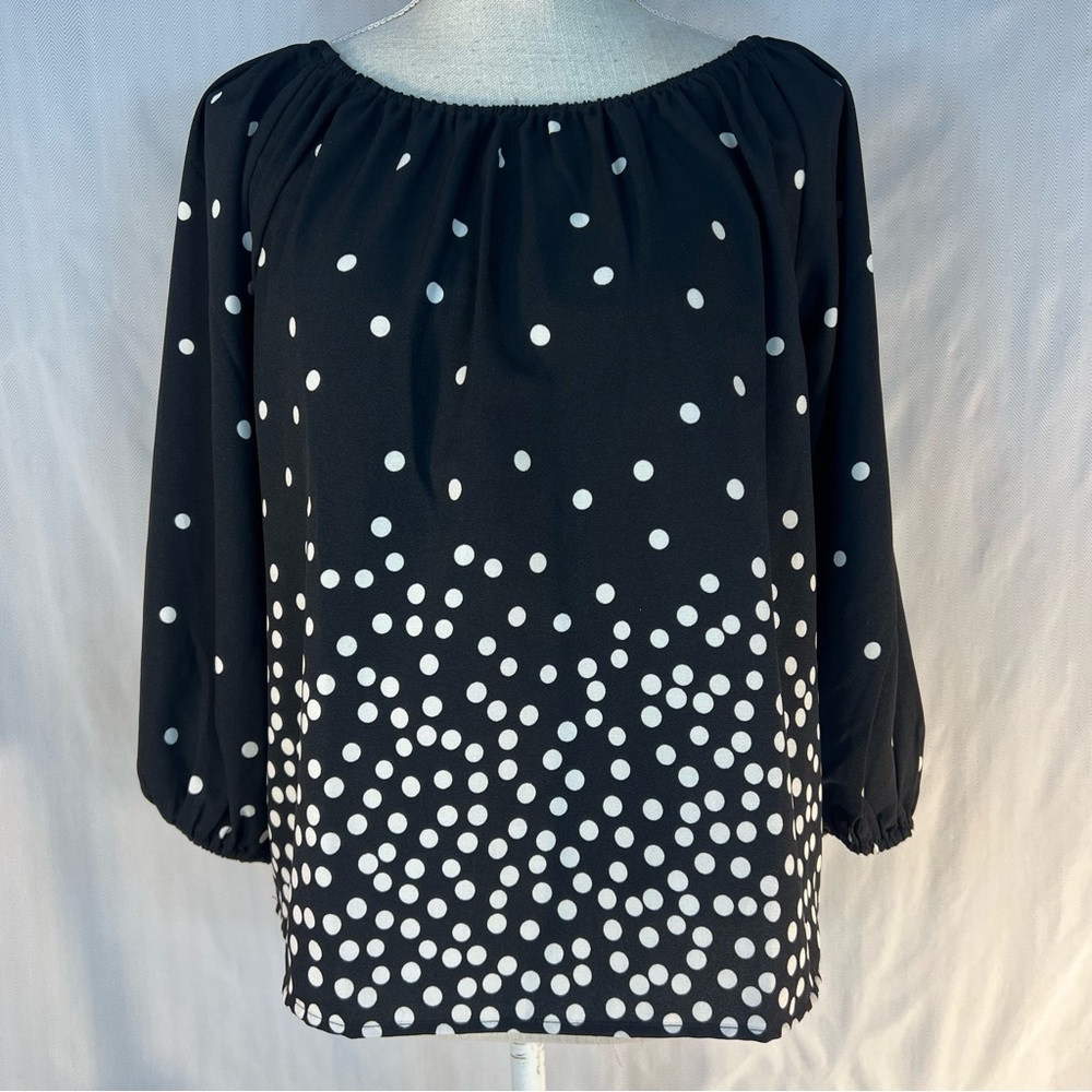 Ann Taylor Factory Black White Polk a Dots BohoTop Round Neck 3/4 Sleeves XS👍